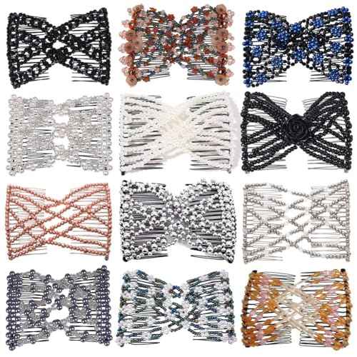 Ruihfas 12 PCS Magic Hair Side Combs Beaded Stretch Double Hair Side Combs Clips Bun Maker Hair Pins Hair Accessories for Women Curly Thick Wavy Hair Ponytail (Random Styles and Colors)