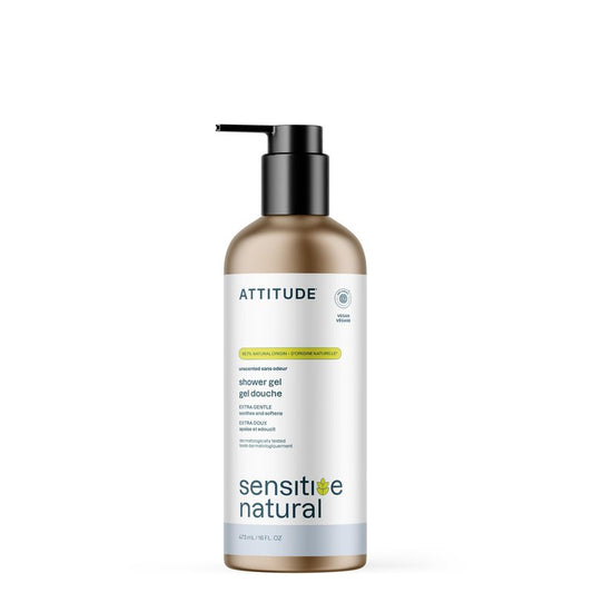 ATTITUDE Body Wash for Sensitive Skin, EWG Verified Shower Gel, Soothing Oat, Dermatologically Tested, Plant and Mineral-Based, Vegan Personal Care, Aluminum Bottle, Unscented, 16 Fl Oz