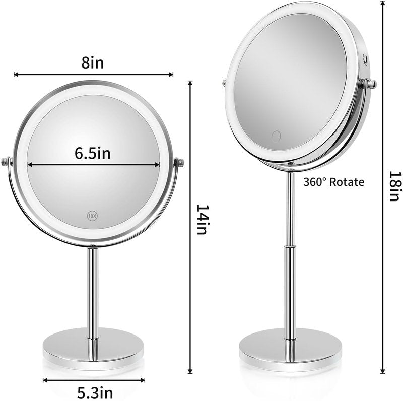 Rechargeable 8” LED Makeup Mirror - 1X/10X Magnifying, Height Adjustable, 3 Color Dimmable Lights | 360° Rotation - Perfect Gift for Women (Silver)