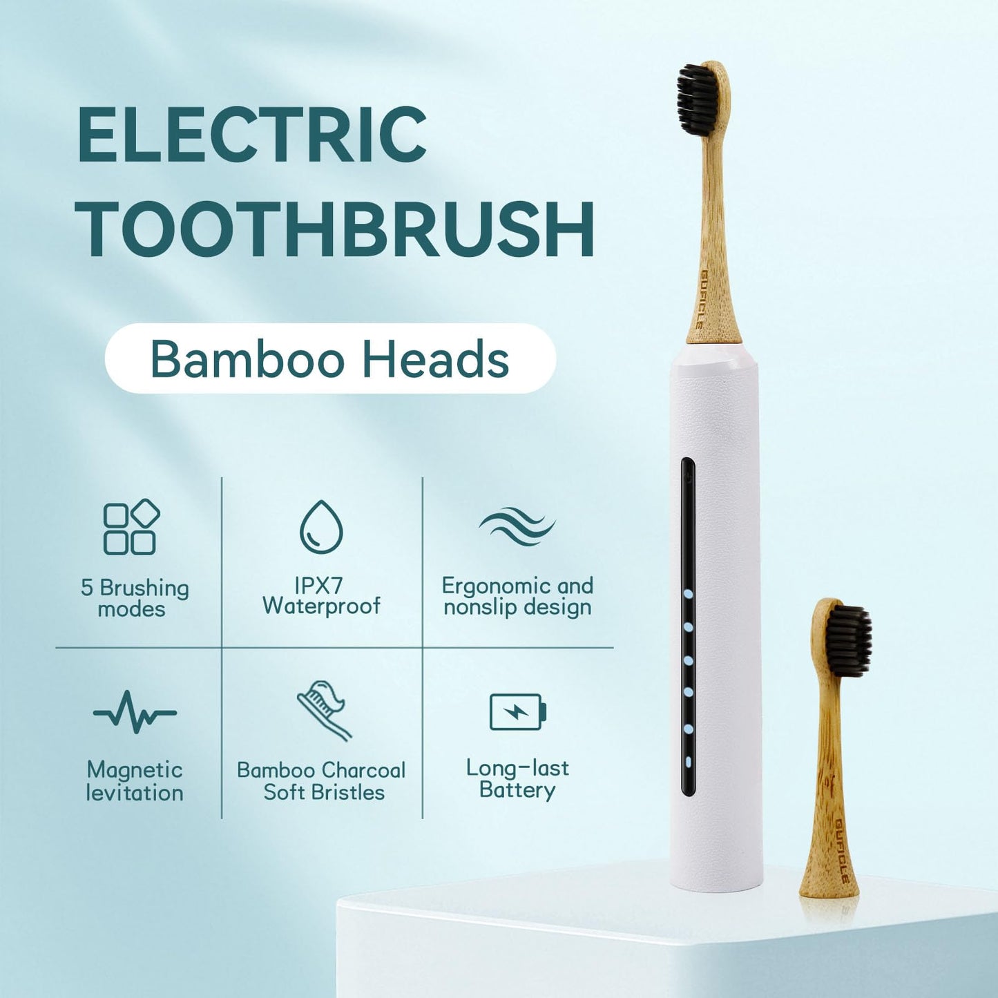 GUFICLE Bamboo Electric Toothbrush for Adults丨Rechargeable Electric Toothbrush with 3 Non Toxic Charcoal Infused Bamboo Brush Heads, 5 Cleaning Modes, 60 Days Battery Life, IPX7 Waterproof-White