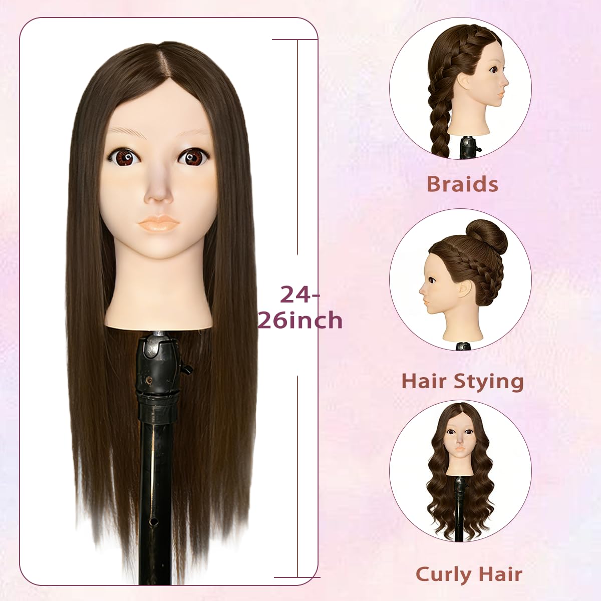 Mannequin Head with 80% Human Hair - Straight, 26"-28" Doll Head for Cosmetology & Hairdresser (A01-Black1)