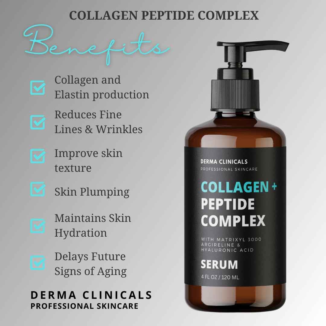 DERMA CLINICALS Collagen Peptide Serum with Matrixyl 3000 + Argireline, Hyaluronic Acid Serum, Anti-Aging Collagen Face Serum, Firming and Plumping, Anti-Wrinkle Serum for face - 4oz