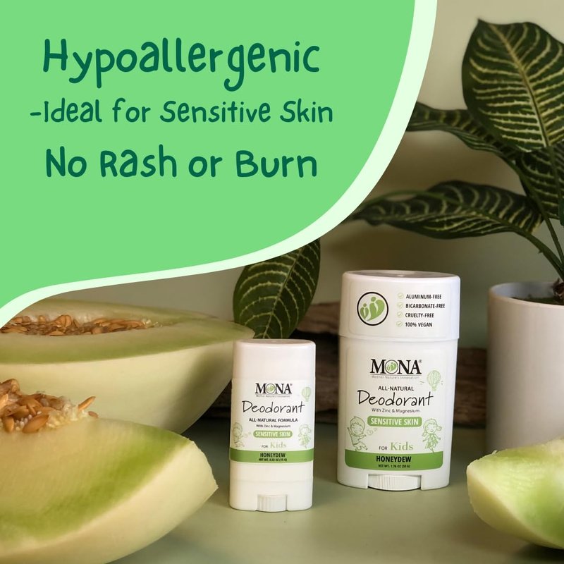 MONA Honeydew Natural Deodorant for Kids, Preteens & Teens, Aluminum Free, Gluten and Baking Soda Free, Gentle for Sensitive Skin, Vegan Kids Deodorant Stick, 2-Pack