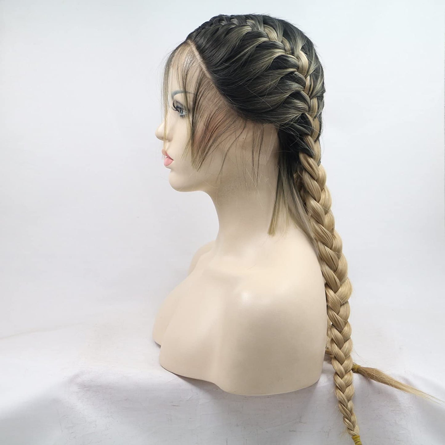 Brown & Dark Root Double Braids Synthetic Lace Front Wig - 24 Inch Heat Resistant Fiber for Women & Cosplay