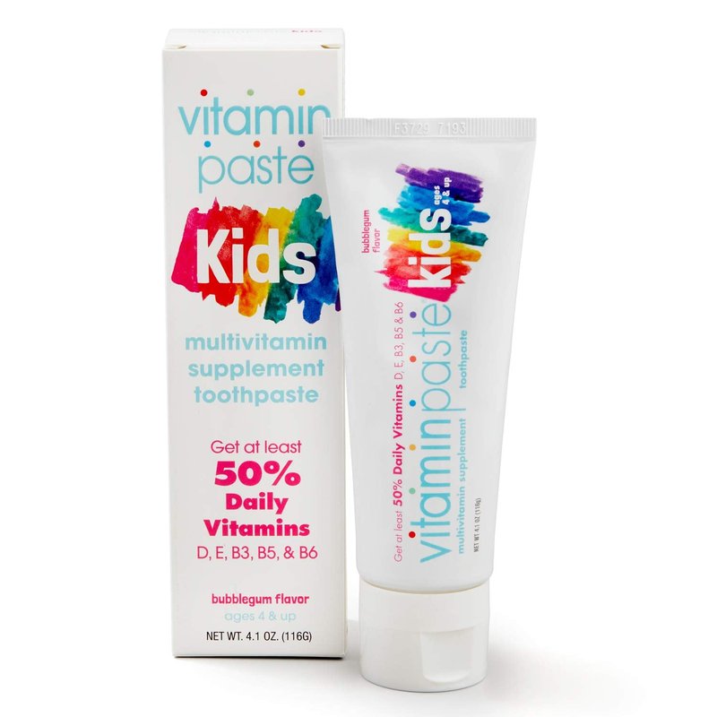 Vitaminpaste Kids Toothpaste with Daily Multivitamins B3, B5, B6, D, E, Xylitol, Calcium, Fluoride Free, Fresh Breath, Fights Tarter, Anti-Cavity, Safe to Swallow, 4.1oz, Bubble Gum Flavor, 2-Pack