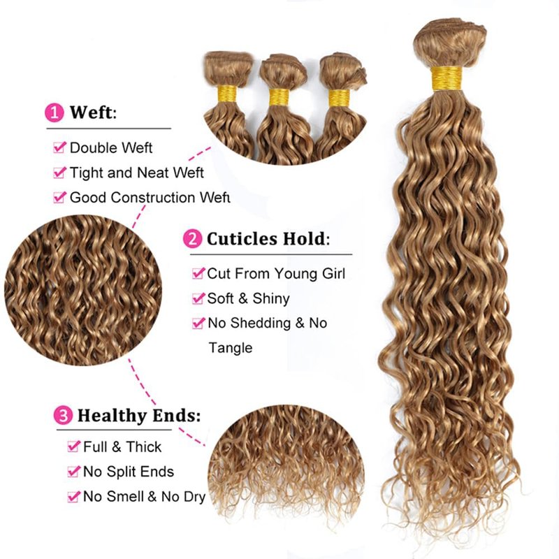 LOIUMGUU Honey Blonde Human Hair Bundles Color #27 Body Wave Bundles 8 10 12 Inch Double Weft Soft Unprocessed Brazilian Virgin Remy Double Weft Soft Real Blonde Hair Extensions