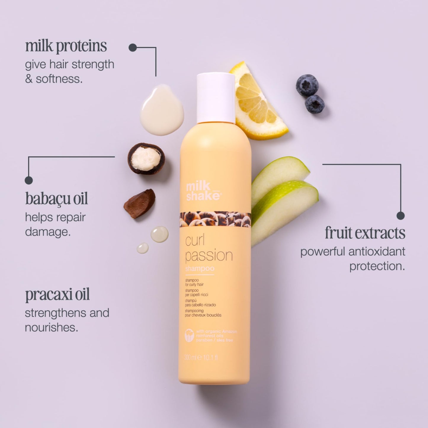 milk_shake Curl Passion Shampoo | Moisturizing Shampoo for All Curl Types | Enhances Shape, Bounce & Definition | With Babassu Oil, Praxcai Oil & Quinoa & Milk Proteins, 10.1 fl oz / 300 mL