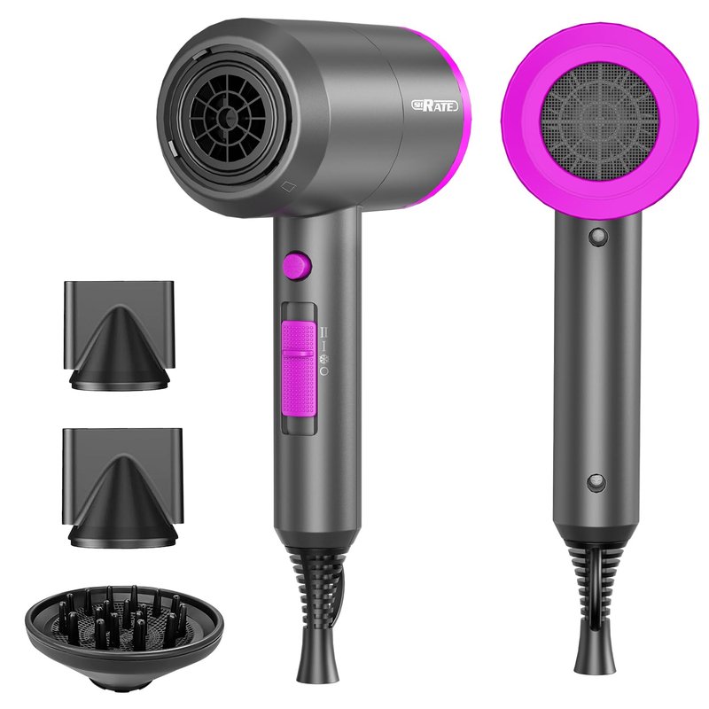 SHRATE Lightweight Ionic Hair Dryer with Diffuser - Powerful 1800W Blow Dryer for Fast Drying - Professional Low Noise Mini Hair Dryer for Travel, Gifts, Hair Styling (Grey)