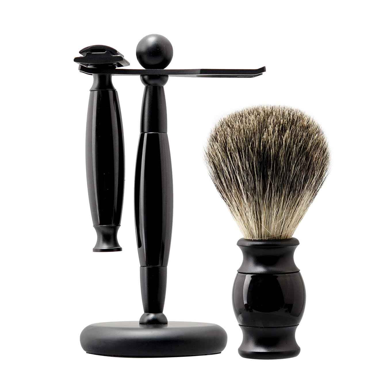 Danweix Black Wet Shaving Kit for Men, 3 in 1 Set with Badger Hair Brush, Double Edge Safety Razor, Alloy Stand Holder