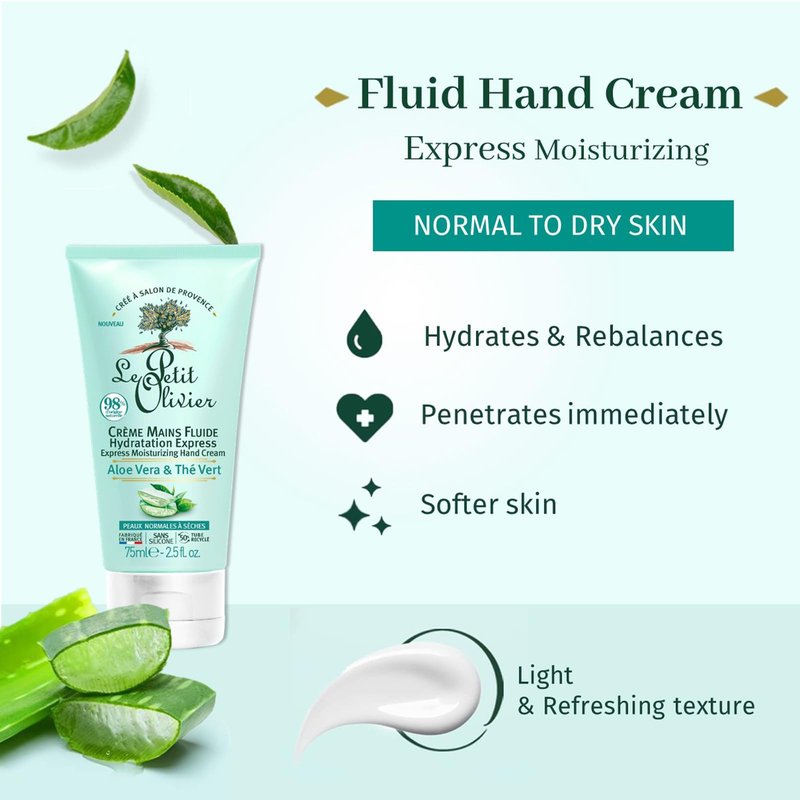 Le Petit Olivier Express Moisturizing Hand Cream - Aloe Vera And Green Tea - Express Moisturizing - No Greasy Or Sticky Feeling - Skin Is Soft And Silky - For Normal To Dry Skin - 2.5 Oz