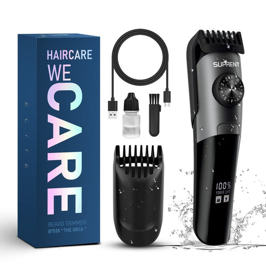 SUPRENT Beard Trimmer for Men Waterproof- IPX7 Professional Mustache Trimmer- 39 Built-in Adjustable Precise Lengths- Cordless USB C Rechargeable & LED Display