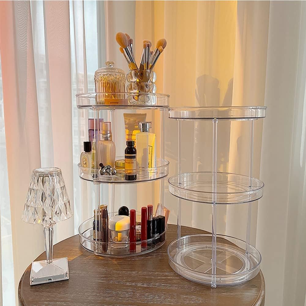 ROWNYEON 360° Rotating Makeup Organizer - 3 Tier Clear Spinning Skincare Storage with Stainless Steel Bearings, Large 10.6" Round Lazy Susan for Vanity Countertop, Perfume, Bathroom & Kitchen (Clear)