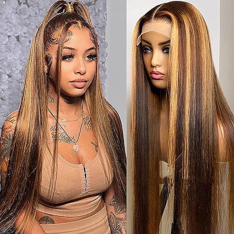 Lemoda Outlet Deals 13x6 Highlight Ombre Lace Front Wig Human Hair 180 Density 22 Inch Straight Transparent Lace Pre Plucked Honey Blonde Human Hair Wigs for Women P4/27 Color