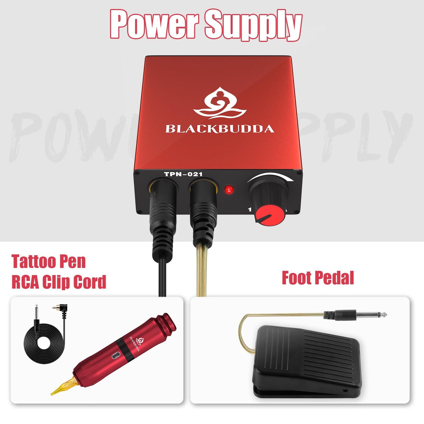 Blackbudda Tattoo Kit for Beginners, Complete Tattoo Gun Kit with Rotary Pen, Power Supply, Foot Pedal, 7 Inks, 10 Cartridge Needles, Practice Skin - 40 Piece Tattoo Supplies Starter Set (Red)
