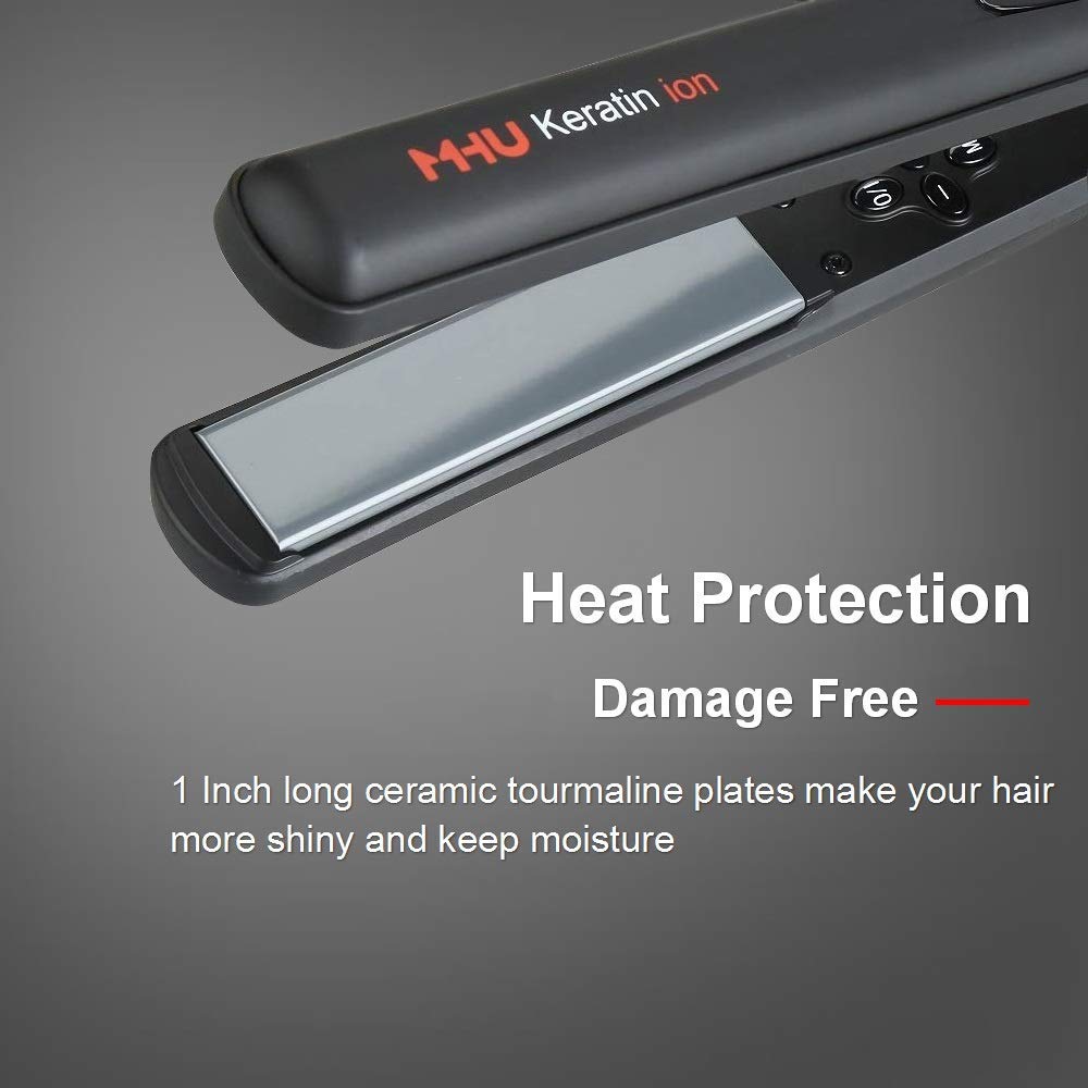 MHU Professional Salon Flat Iron with 1 Inch Plate Ceramic Tourmaline Ionic Hair Straightener and Curler Auto Shut Off