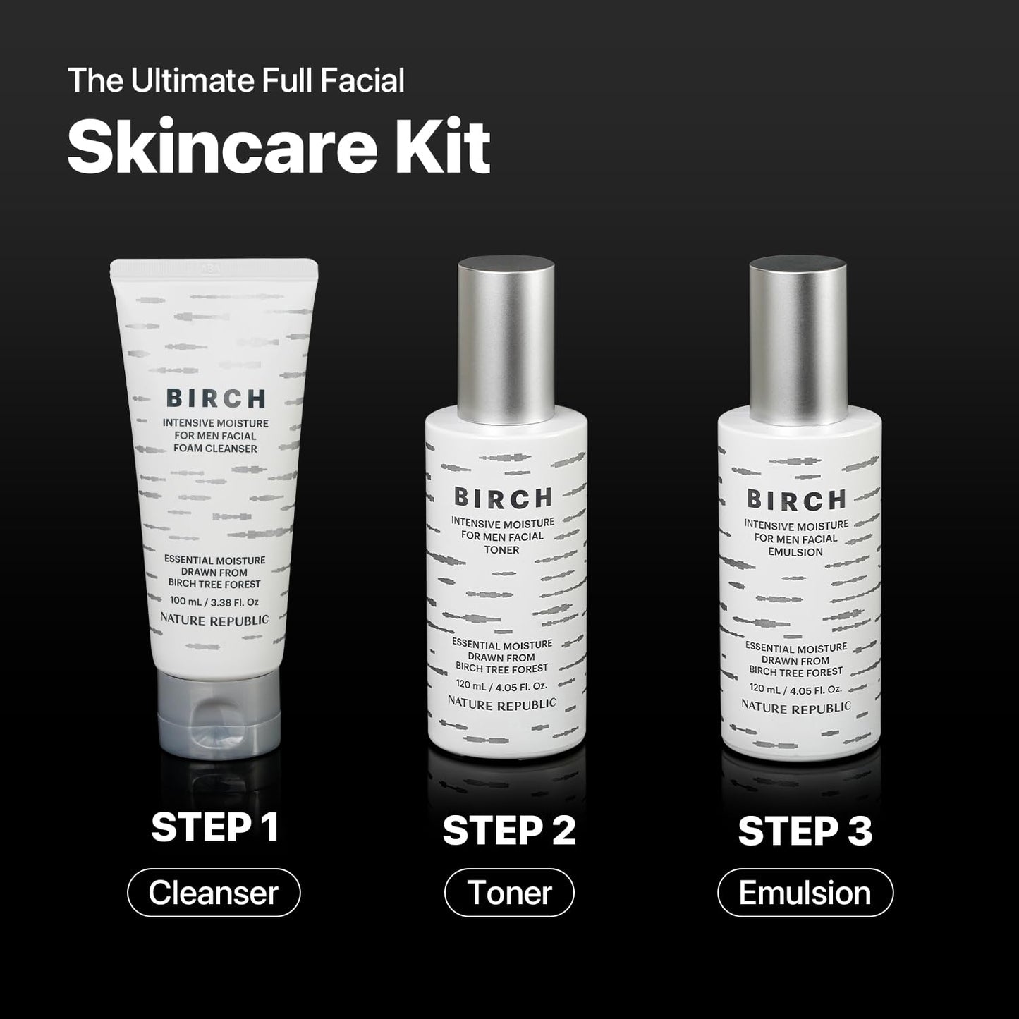 Nature Republic Birch Intensive for Men Skin Care Kit, Face Wash & Moisturizer for Hydrated Skin, Facial Toner (4.05 Fl.Oz) Emulsion (4.05 Fl.Oz) Cleaner (3.38 Fl.Oz), Korean Gift Sets