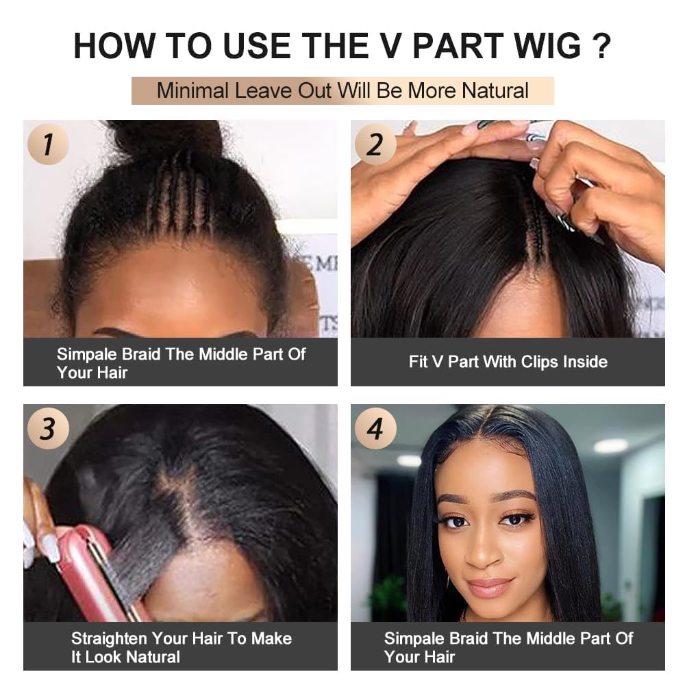 Emistar Black V Part Wig Kinky Straight Wig Upgrade U Part Synthetic Wigs for Black Women Full Head Clip In Hair Glueless Blend Human Hair Replacement Synthetic Wigs Natural Scalp (Black2.0, 14 Inch)