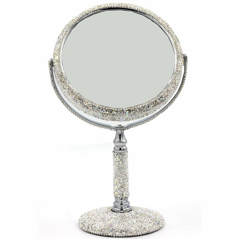 Bestbling Bling Rhinestone Double-Sided Tabletop Makeup Mirror, Round Metal Makeup Mirror with 1:2 Magnifying Mirror, Rotating Mirror (Silver)