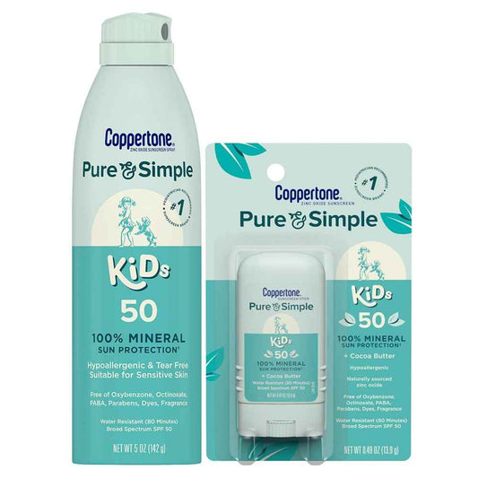 Coppertone Pure and Simple Kids Mineral Sunscreen Spray SPF 50 (5 Oz) + Kids Sunscreen Stick SPF 50 (0.49 Oz), Hypoallergenic and Fragrance Free