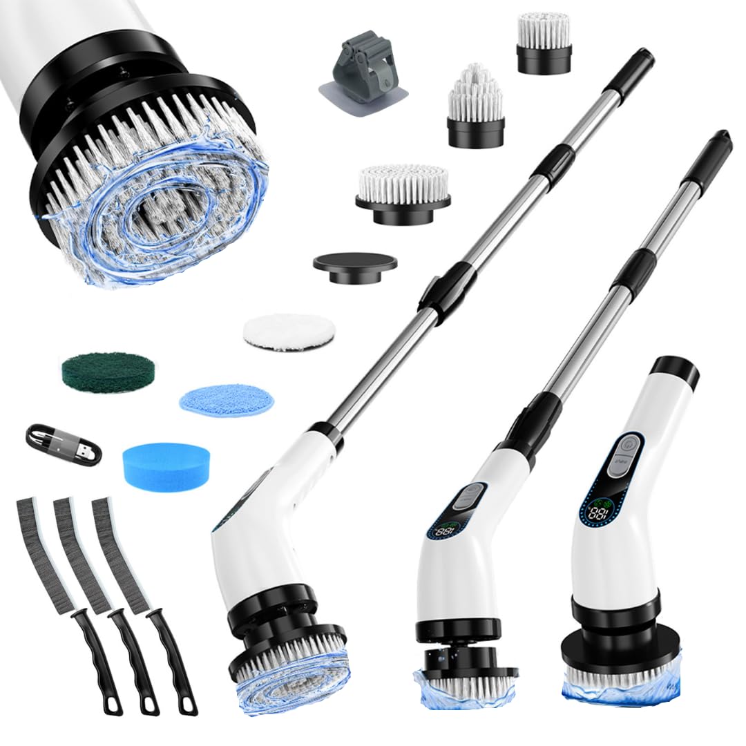 848 Store Electric Spin Scrubber Cordless – Powerful Bathroom Cleaning Brush with Long Handle, 2 Speeds, 3000mAh Rechargeable, 7 Brush Heads, Wall Hanger & Crevice Tools – Shower, Tub & Tile Cleaner