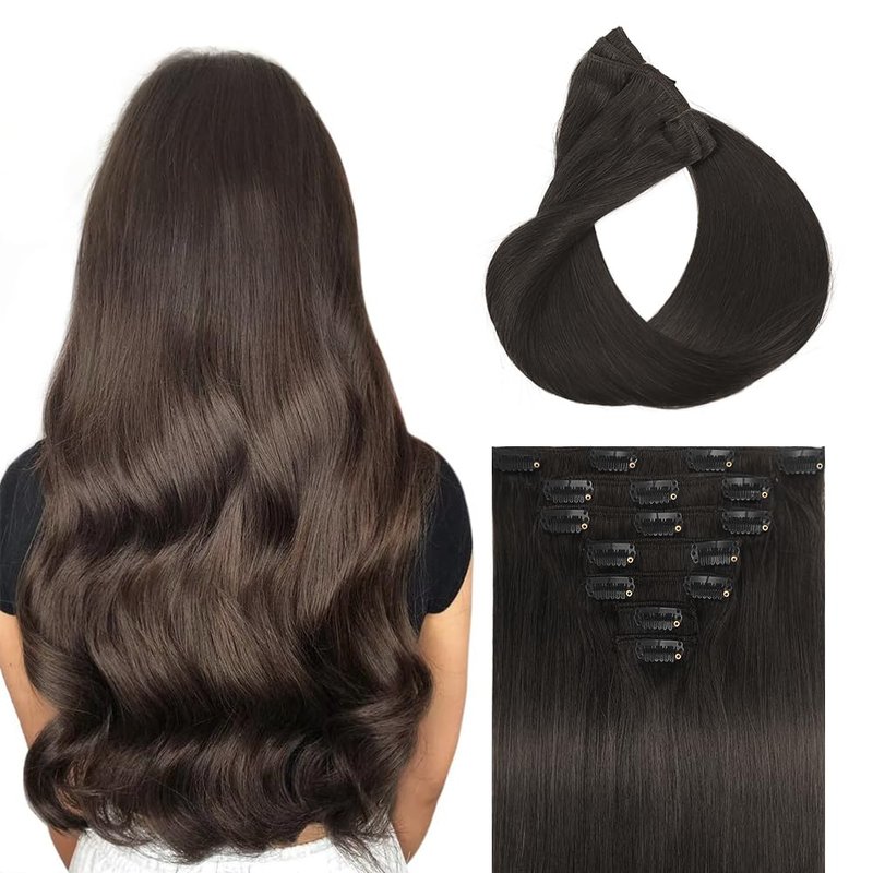 Real Human Hair Clip-In Extensions - 100% Brazilian Remy, Seamless & Invisible | 16 Inch, 7pcs, #2 Dark Brown