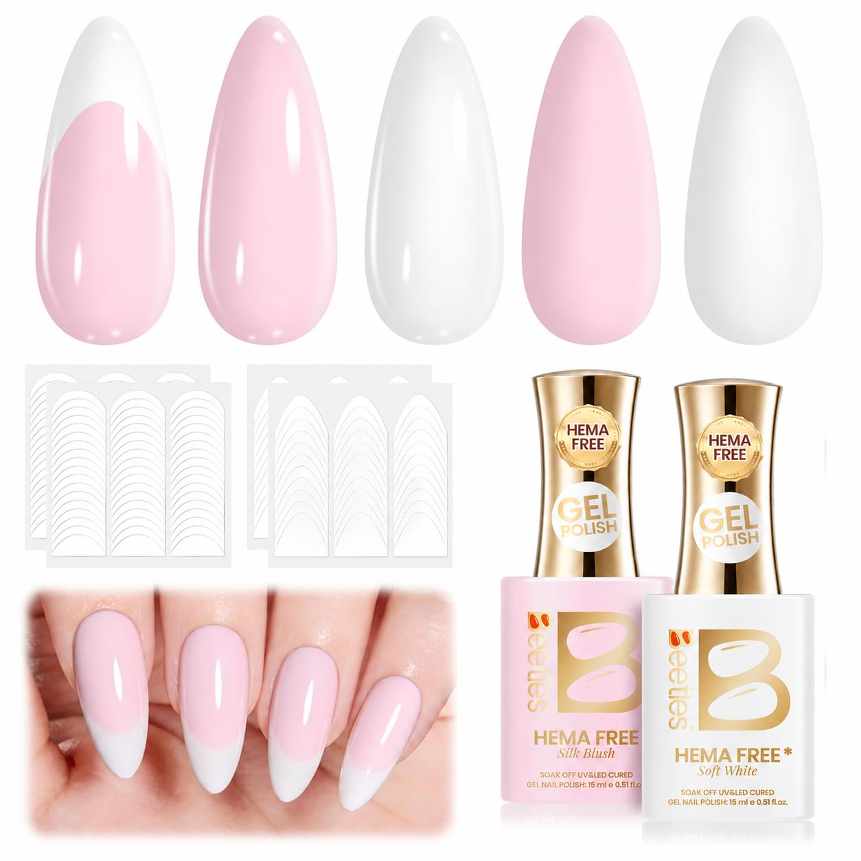 Beetles French Tip Gel Polish - Blush Moonlight, 2 Colors HEMA-Free Summer White Pink Gel Nail Polish Set 15ML with Styles Stickers, Same Color Bottle, Soak Off UV LED Nails