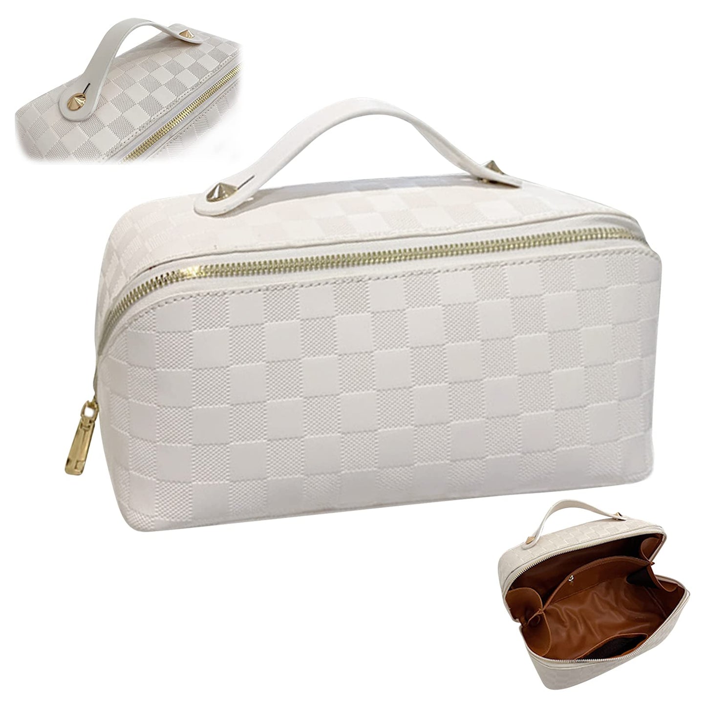 Ovenot Checkered Travel Cosmetic Bag - Multifunctional Waterproof Large-capacity Makeup Bag with Handle and Divider for Easy Access (White-Checkered)