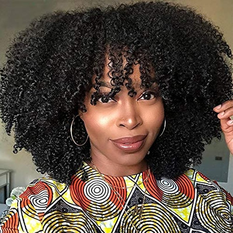 Afro Kinky Curly Wig With Bangs Full Machine Made Scalp Top Wig 200 Density Brazilian Short Curly Human Hair Wigs Natural Color 14 Inch