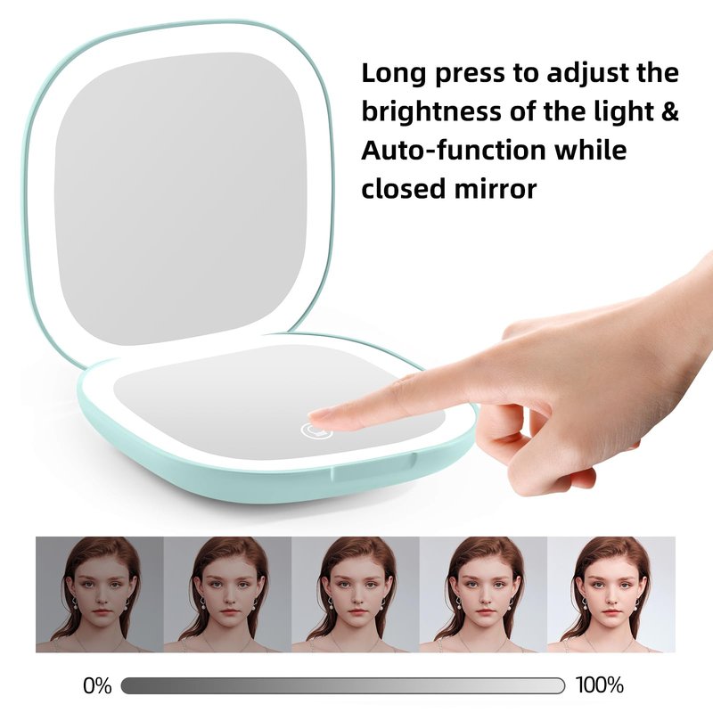 Compact Magnifying Travel Makeup Mirror with LED Light - 3.5 inches 1X/10X Magnification Small Hand Pocket Dimmable Double Sided USB Rechargeable Touch Screen, Portable Tabletop Cosmetic (White)