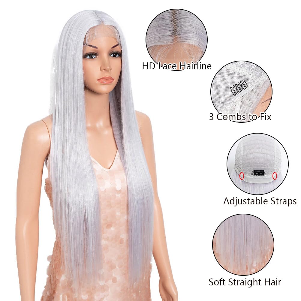 Style Icon 32-Inch Long Straight Wig Mid-Part Lace Front Silky Smooth Synthetic Silver White Purple Color Wig