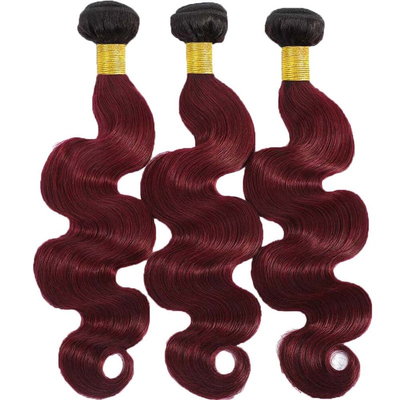 Burgundy Bundles Human Hair Red Human Hair Bundles Body Wave Bundle 12 14 16 Inch Ombre Red 1B99J Bundle Brazilian Virgin Remy Hair Extensions Hair Weave