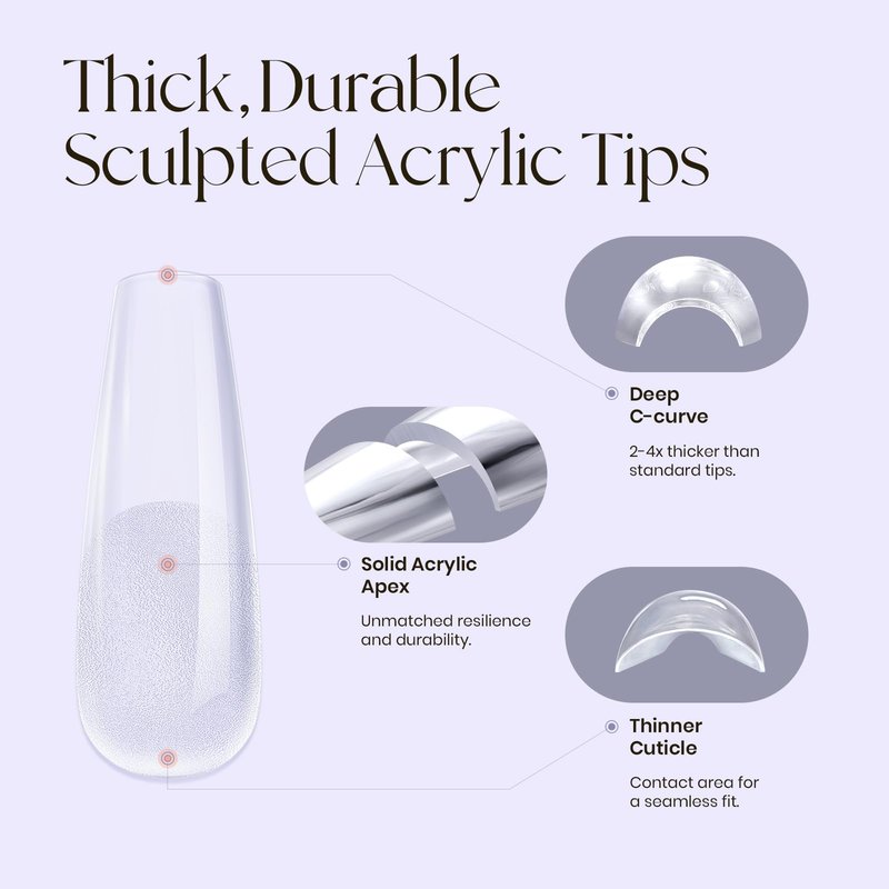 Five Angeles Tipex Instant Apex Gel Nail Tips Kit – 500pcs Pre-Etched Sculpted Long Coffin Acrylic Nail Tips, Thicker Full Cover Press-On Nails for Flat Nails, 30g/1.06oz UV Nail Glue Included