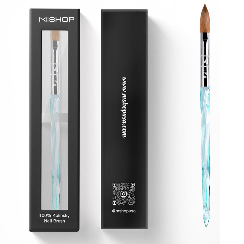 M ProK 100% Kolinsky Acrylic Nail Brush – Professional Nail Brush for Acrylic Application with Crystal Blue Handle – Handcrafted Salon Quality Tool (Size #10)