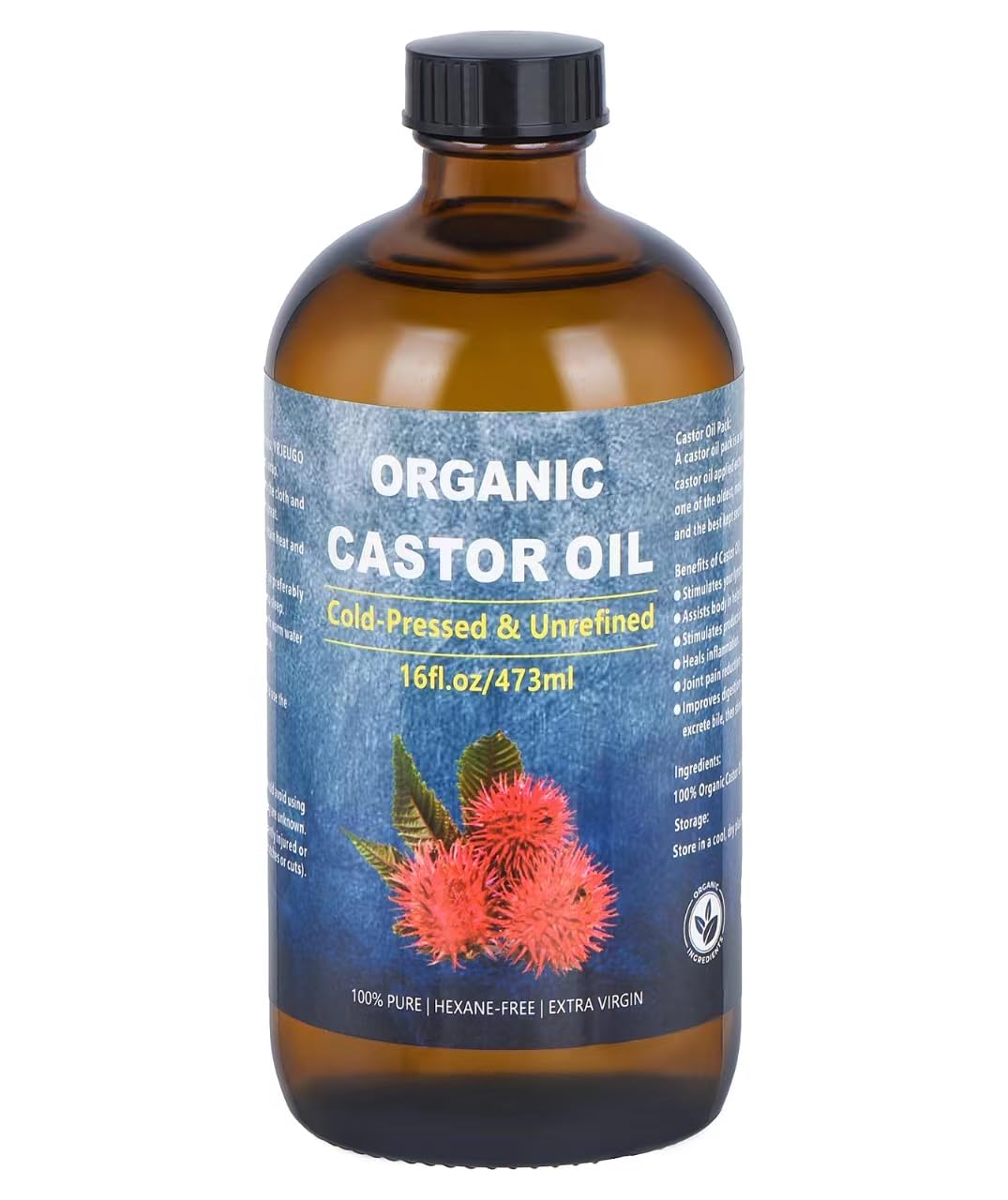 VRJEUGO Castor Oil Organic Cold Pressed Unrefined Glass Bottle, Organic Castor Oil for Face, Hair Growth & Thicker Eyelashes, 100% Pure and Hexane Free, 16oz