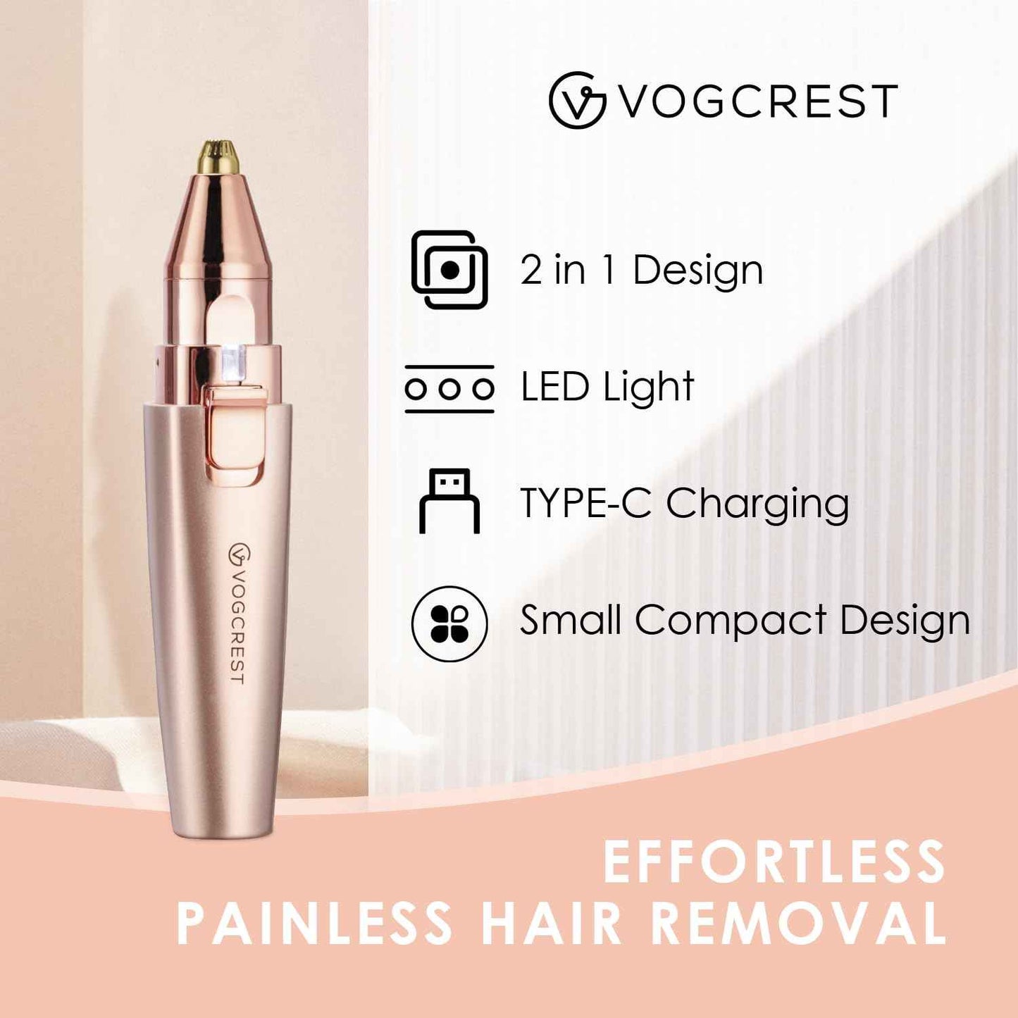 VG VOGCREST Eyebrow & Facial Trimmer: 2 in1 Rechargeable Facial Hair Removal & Eyebrow Shaver - Body Razor with Built-in LED Light (Rose Gold)
