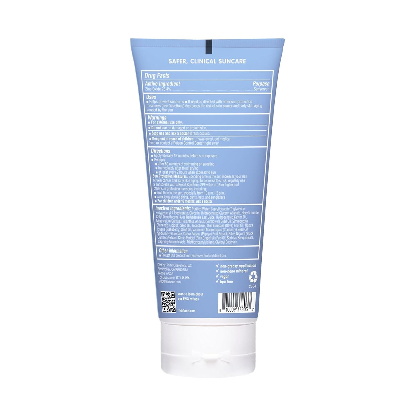 Thinksport SPF 50+ Mineral Sunscreen - Clear Zinc Oxide, Water-Resistant, Vegan | 6 Fl Oz