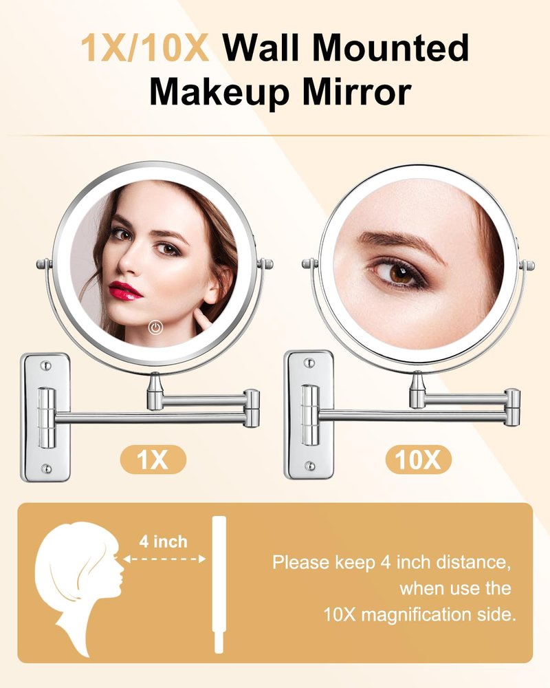 DECLUTTR Wall Mounted Makeup Mirror with Lights, Rechargeable 8 Inch Double Sided Magnifying Mirror 1X/10X, Dimmable Vanity Mirror with 3 Lighting Modes