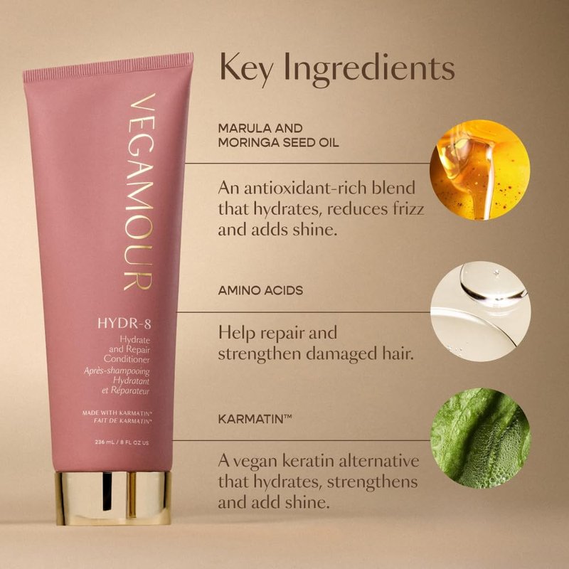 VEGAMOUR HYDR-8 Hydrate and Repair Conditioner - Hydrating Conditioner with Marula Oil, Moringa Oil, Ceramides & Biotin, Natural Conditioner for Dry Hair