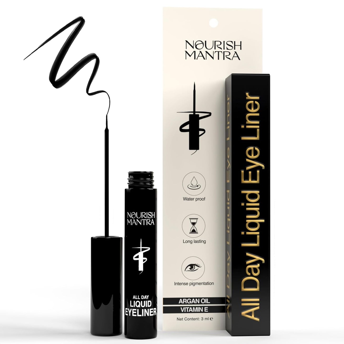 All-Day Waterproof Liquid Eyeliner - Intense Pigmentation & Argan Oil | Smudge Proof, Long Lasting, 3ml - Black