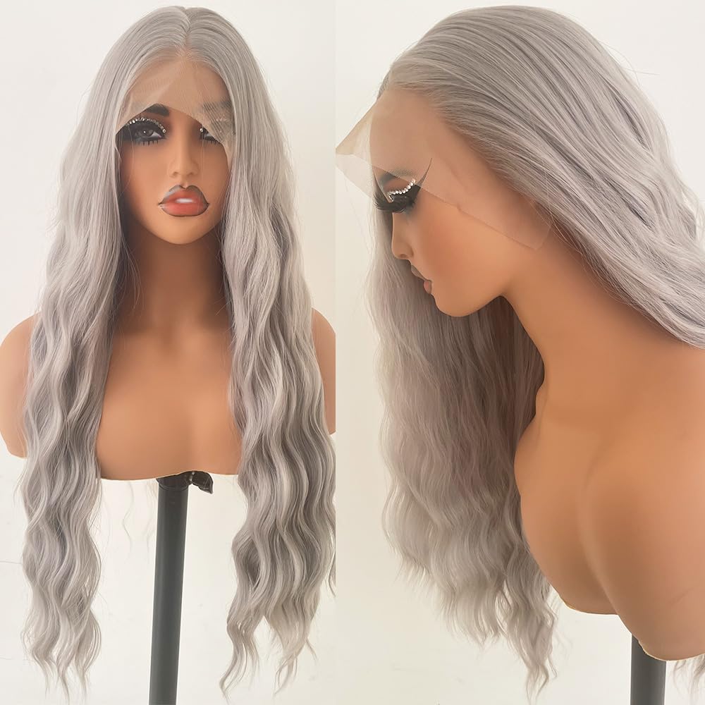 JHXAYW Grey Lace Front Wig Synthetic Pre Plucked Glueless Lace Wigs Synthetic Ready To Wear Wig Long Natural Curly Wig for Black Women