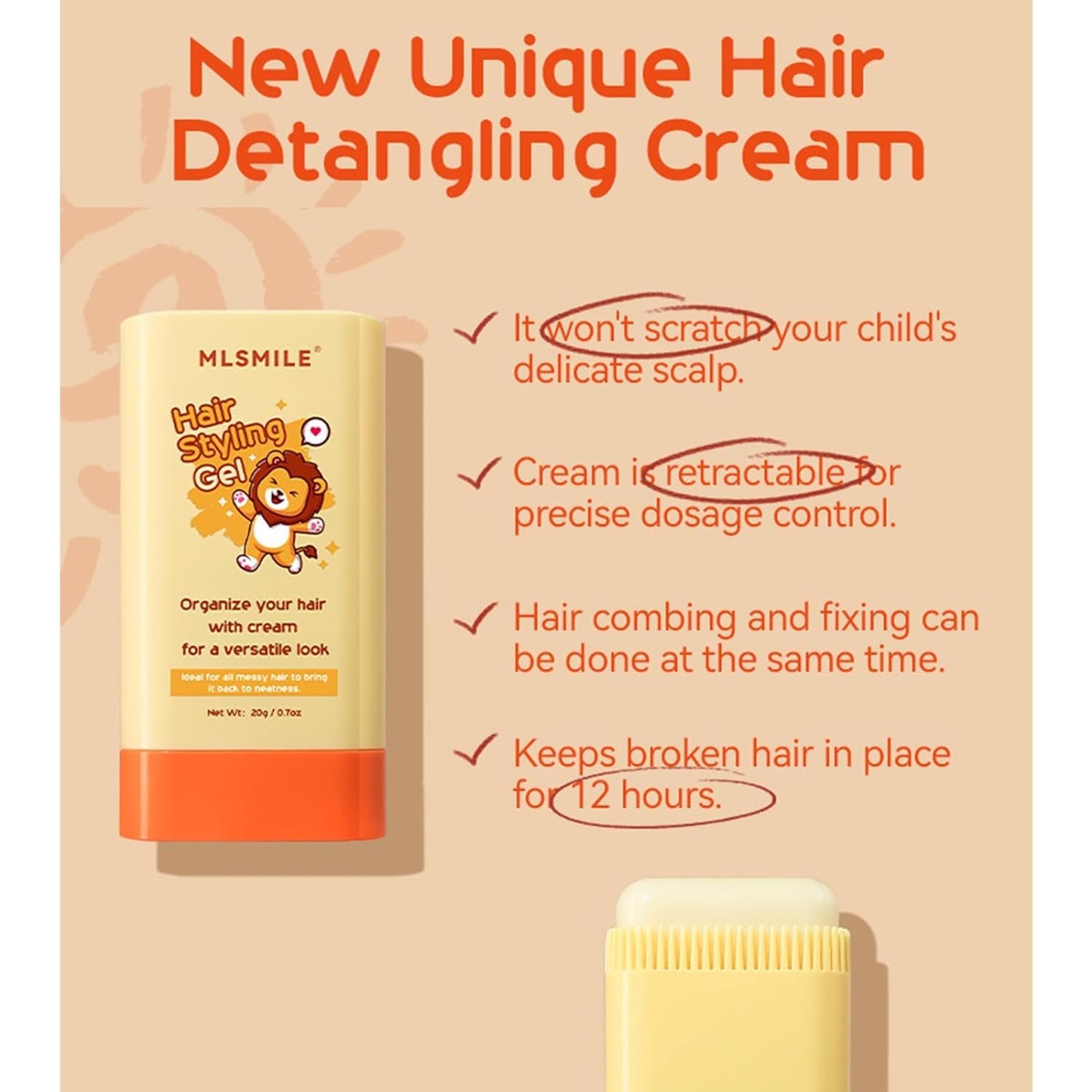 MINXUEYEN Hair Styling Gel for Kids, Children's Hair Wax Stick - Built-in Comb 2-in-1 Hair Finishing Stick, Natural Ingredients Refreshing and Non-Greasy, Easy to Styling, 0.71oz, Clear