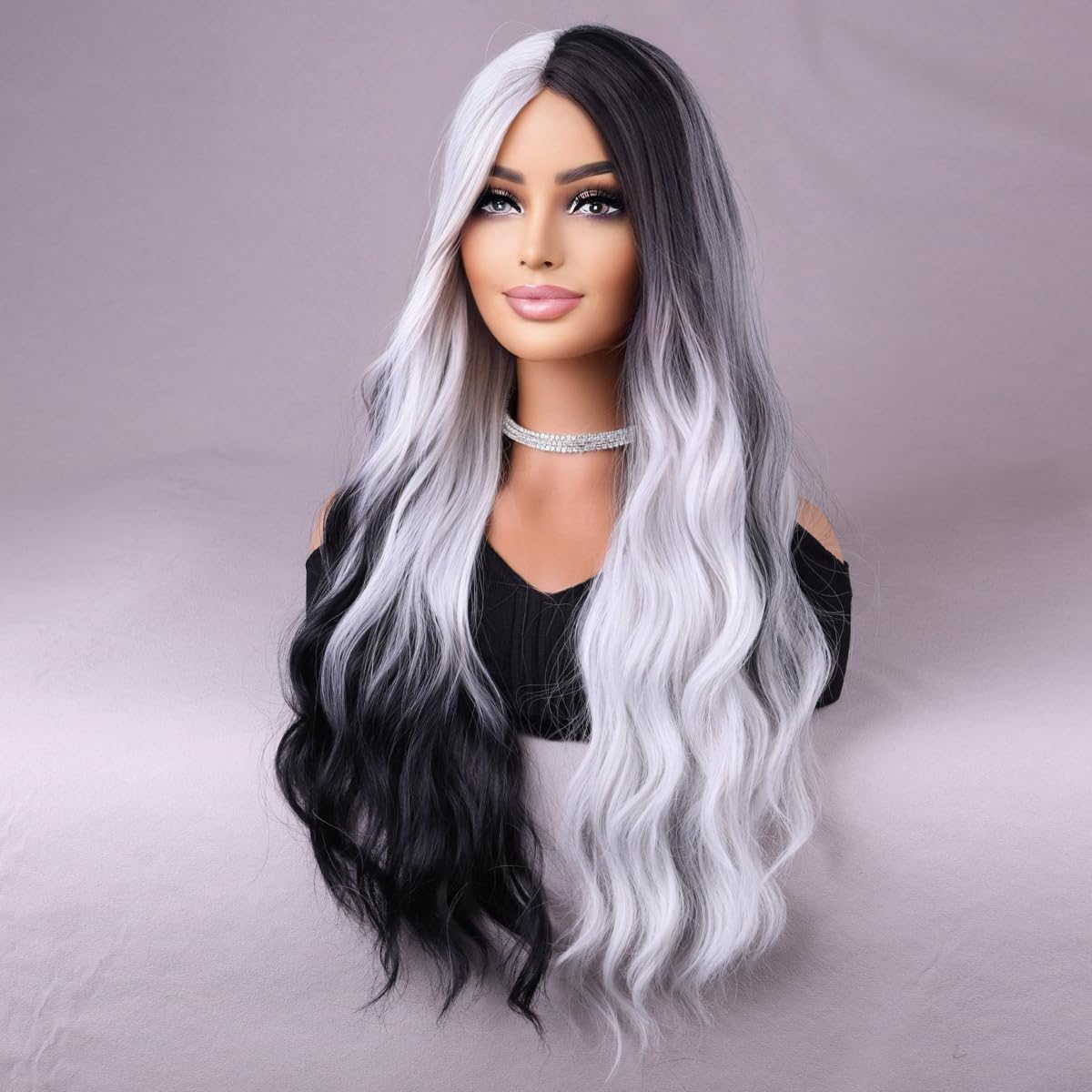 MAGQOO Black White Wig for Women Long Curly Wavy Black White Wig Middle Part Synthetic Heat Resistant Halloween Cosplay Costume Party Wig