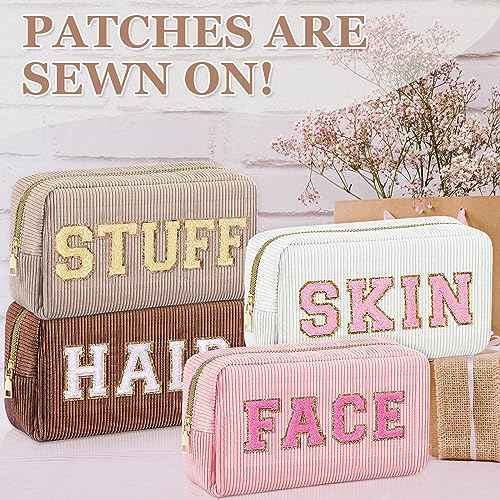 4 Pcs Travel Toiletry Bags for Women Preppy Makeup Bags Organizer Face Skin Hair Stuff Chenille Letter Pouch with Zipper Aesthetic Corduroy Skin care Hair Bag for Women Gifts