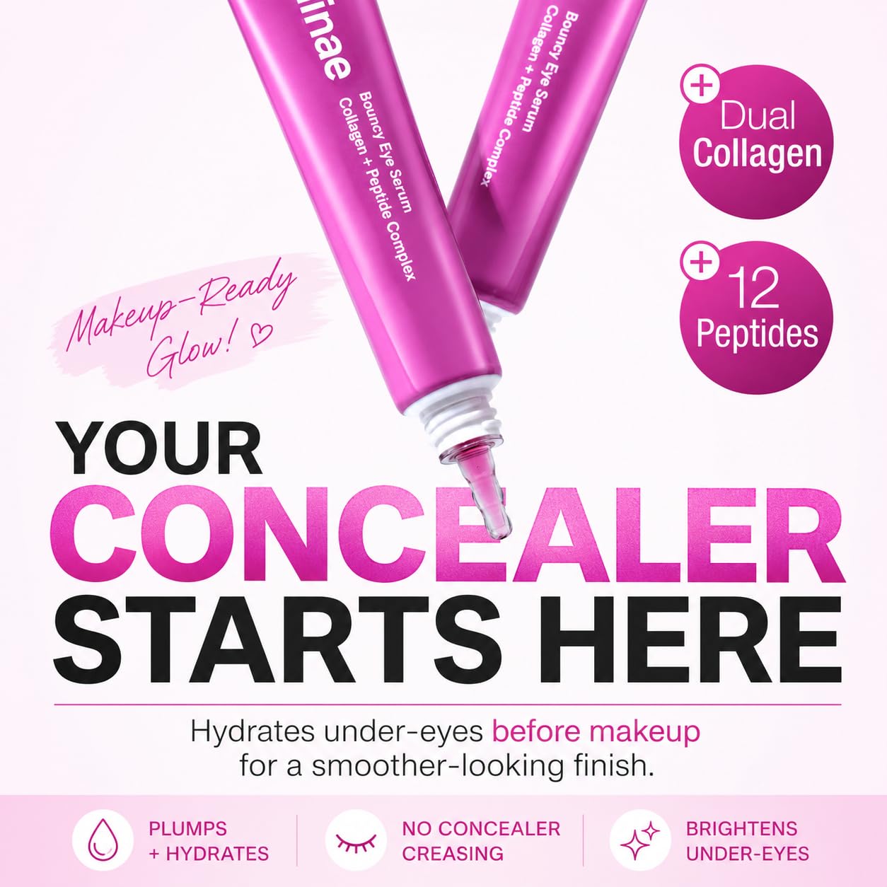 Hydrating Peptide & Collagen Eye Serum for Smooth Under-Eye Makeup | 12 Peptides, Dual Collagen & Niacinamide | Fragrance Free for Sensitive Skin | Korean Skincare | 30ml