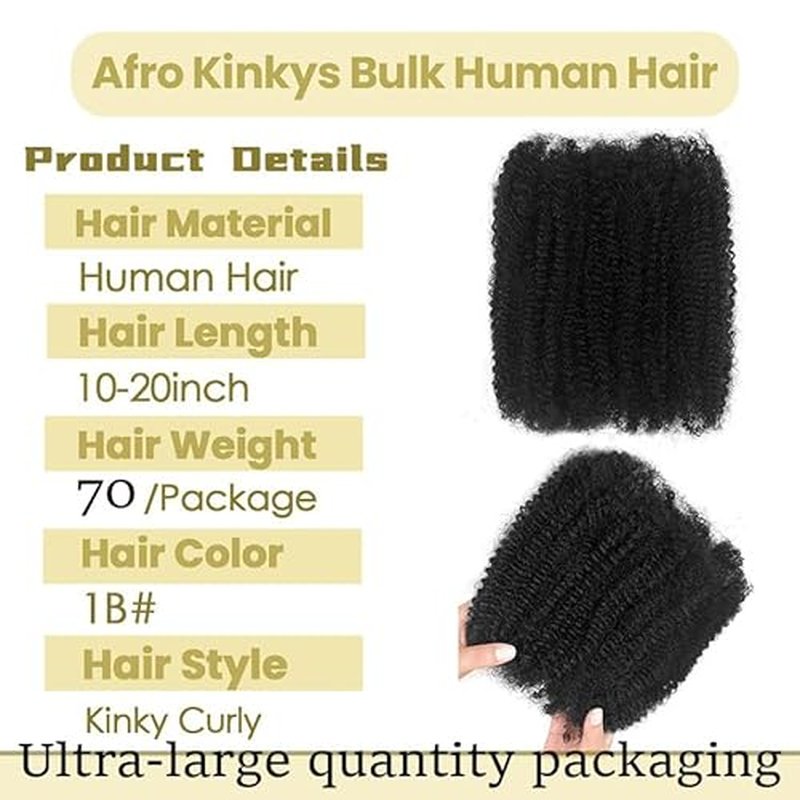 Afro Kinkys Bulk Human Hair for kinky curly Twist Human Braiding Hair For Micro Locs Extensions marley natural Black Color 16 inches 70g/pack