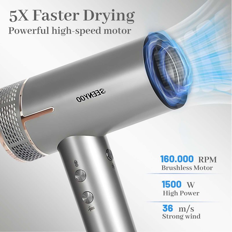 Hair Dryer, 160,000 RPM High Speed Fast Drying Low Noise Professional Ionic Blow Dryer with Magnetic Nozzle, HD Display for Salon Travel Home Use