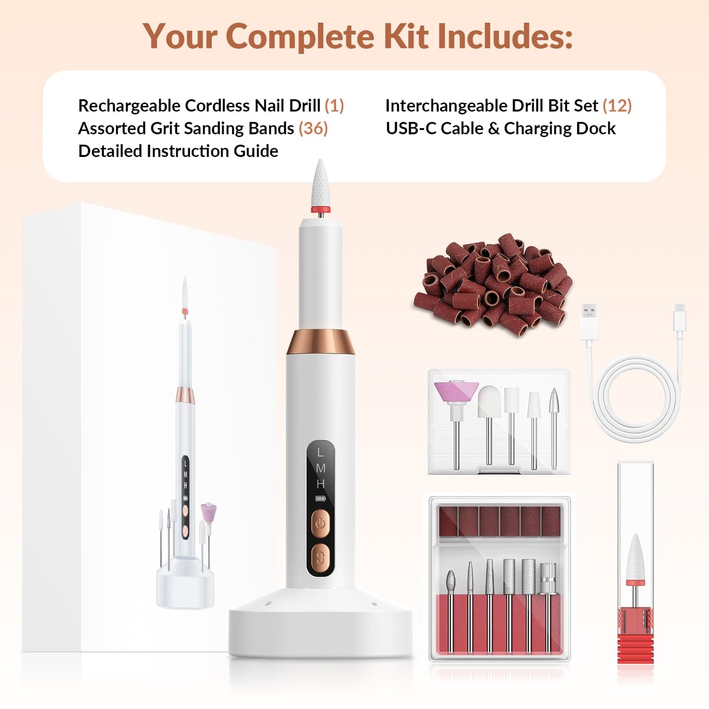 Portable Electric Nail Drill Kit Professional - 30000RPM Cordless Rechargeable Electric Nail File, with 12 Drill Bits & 36 Sanding Bands for Acrylic, Gel & Natural Nails, for Salon, Home and Travel
