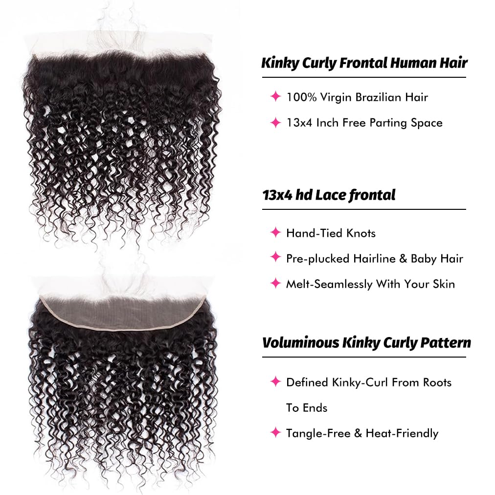 13x4 Lace Frontal Closure Kinky Curly Human Hair Ear to Ear Frontal HD Lace Pre Plucked 16 Inch Free Part Brazilian Hair Extensions 150% Density Natural Black