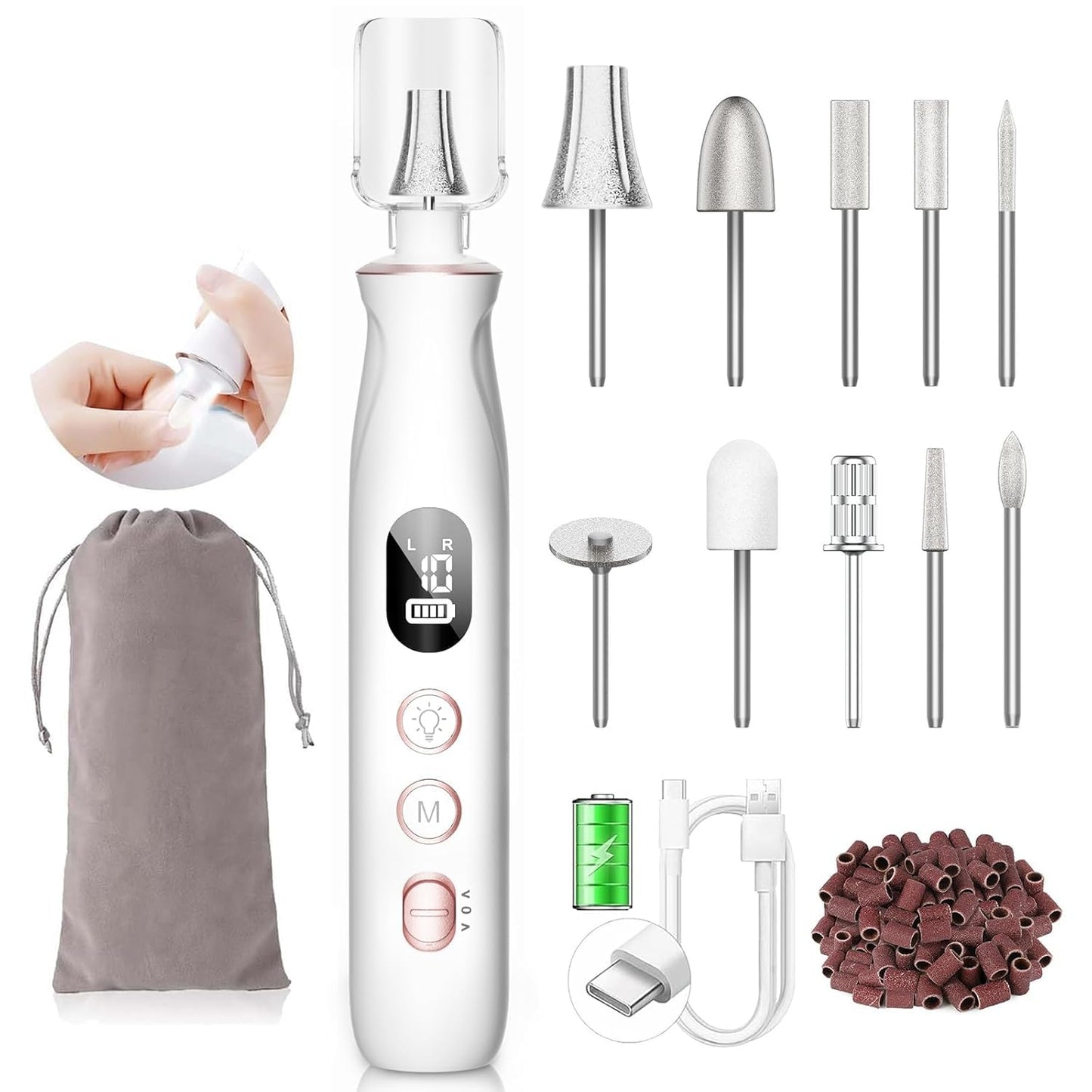 Professional Nail Drill Kit: Electric Nail File with LCD & Lamp, Long-Lasting Thick Toenail Grind, Rechargeable & Cordless Toe Nail Tools for Women & Men Manicure and Pedicure Gifts (Pink White)