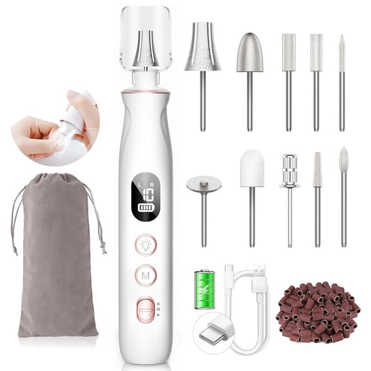 Professional Nail Drill Kit: Electric Nail File with LCD & Lamp, Long-Lasting Thick Toenail Grind, Rechargeable & Cordless Toe Nail Tools for Women & Men Manicure and Pedicure Gifts (Pink White)